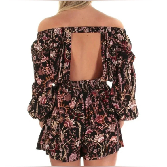 Free People Women's Floral Boho Open Back Long Sleeve Short Romper Medium - Picture 2 of 7